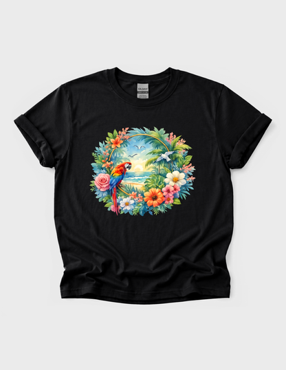 Tropical Bird Graphic Tee T-shirt or Sweatshirt ADULT Unisex Hoodie / Crewneck Mackaw Colorful Floral Summer Beach Vacation Vibes