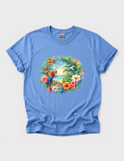 Tropical Bird Graphic Tee T-shirt or Sweatshirt ADULT Unisex Hoodie / Crewneck Mackaw Colorful Floral Summer Beach Vacation Vibes