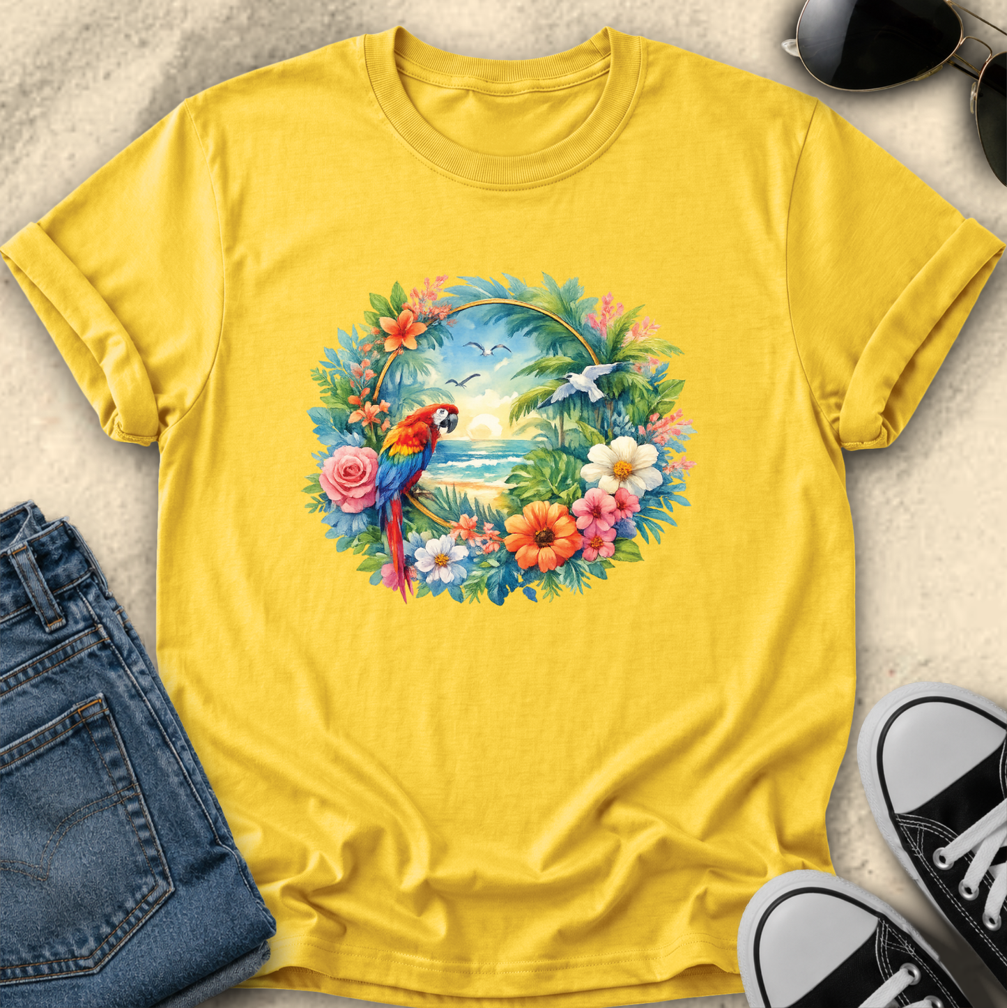 yellow tshirt with colorful tropical watercolor parrot mackaw graphic design