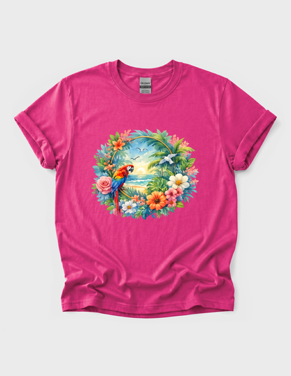 Tropical Bird Graphic Tee T-shirt or Sweatshirt ADULT Unisex Hoodie / Crewneck Mackaw Colorful Floral Summer Beach Vacation Vibes
