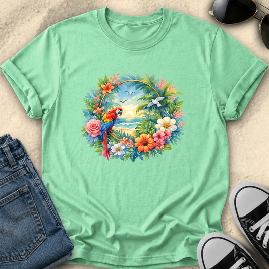 green tshirt with colorful tropical watercolor parrot mackaw graphic design