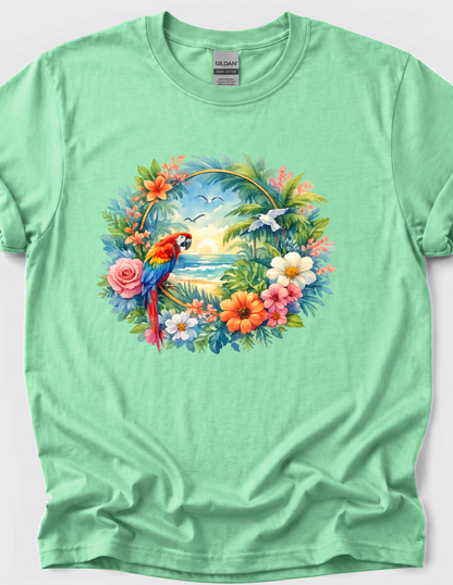 Tropical Bird Graphic Tee T-shirt or Sweatshirt ADULT Unisex Hoodie / Crewneck Mackaw Colorful Floral Summer Beach Vacation Vibes