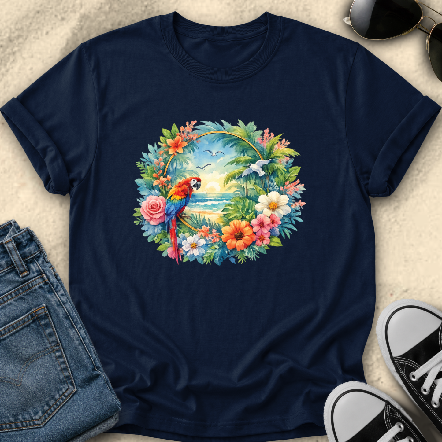 blue tshirt with colorful tropical watercolor parrot mackaw graphic design