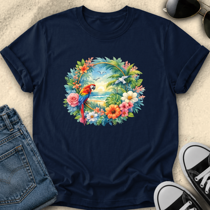 blue tshirt with colorful tropical watercolor parrot mackaw graphic design
