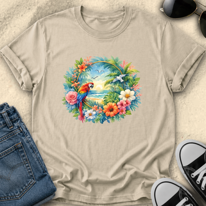 beige tshirt with colorful tropical watercolor parrot mackaw graphic design