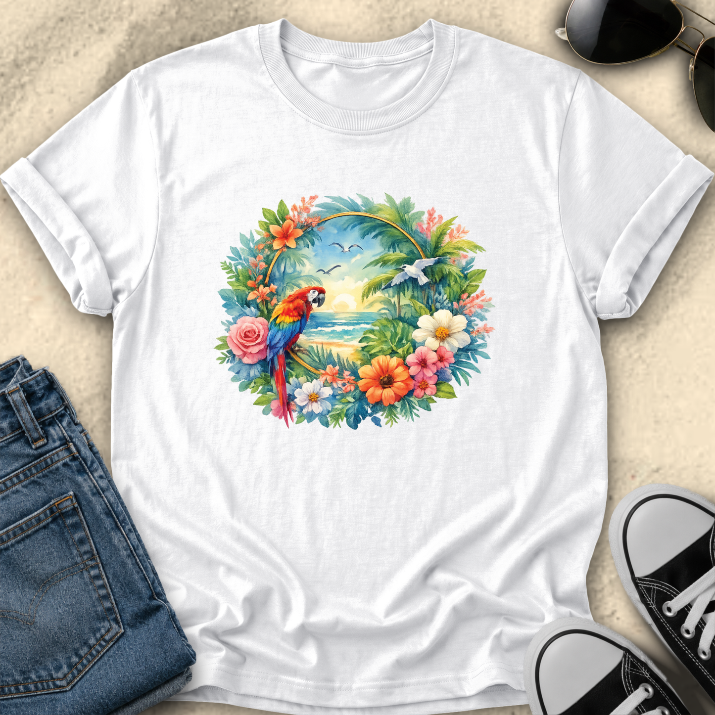white tshirt with colorful tropical watercolor parrot mackaw graphic design
