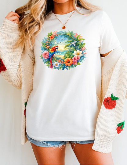 Tropical Bird Graphic Tee T-shirt or Sweatshirt ADULT Unisex Hoodie / Crewneck Mackaw Colorful Floral Summer Beach Vacation Vibes