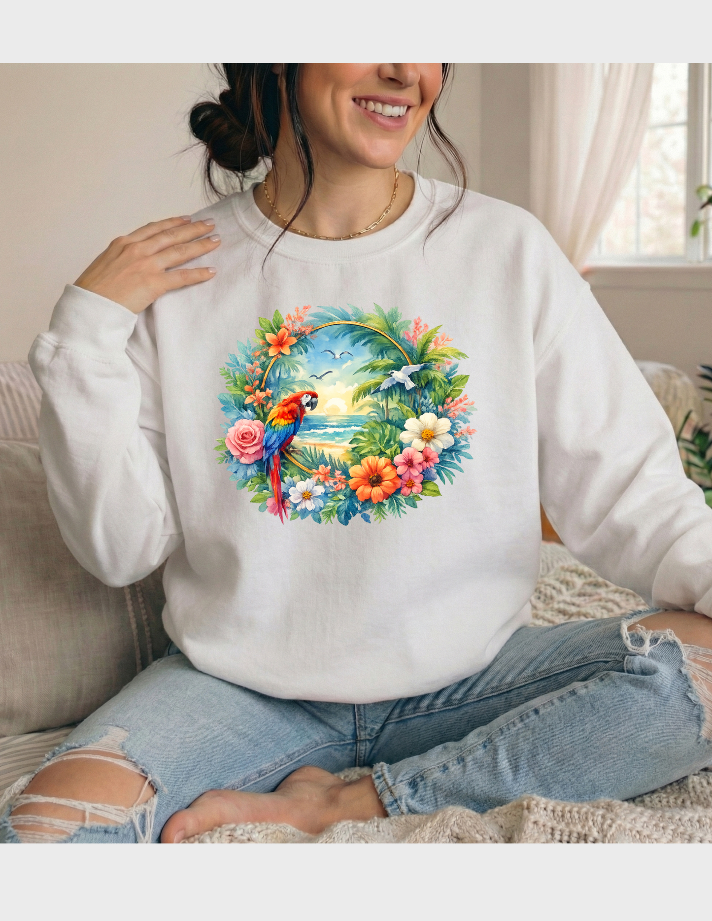 Tropical Bird Graphic Tee T-shirt or Sweatshirt ADULT Unisex Hoodie / Crewneck Mackaw Colorful Floral Summer Beach Vacation Vibes