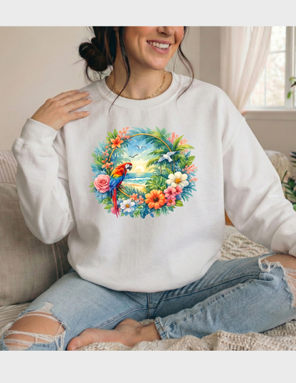 Tropical Bird Graphic Tee T-shirt or Sweatshirt ADULT Unisex Hoodie / Crewneck Mackaw Colorful Floral Summer Beach Vacation Vibes