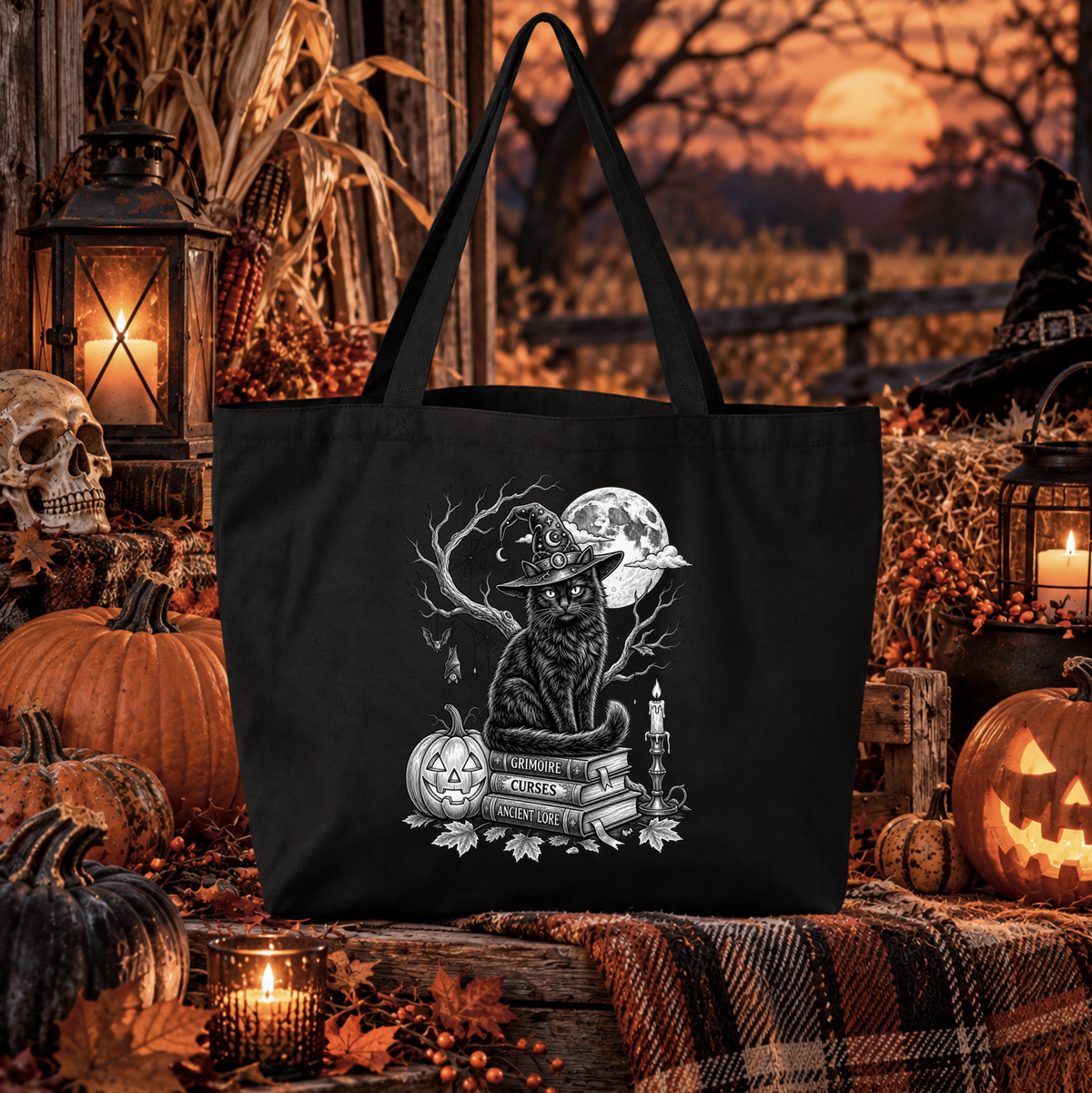 A black tote bag with a detailed white graphic of a witch cat sitting on books, surrounded by pumpkins, candles, and autumn decorations, set against a spooky outdoor background at sunset.
