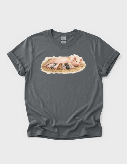 Mama Pig Piglets Graphic Tee T-shirt or Sweatshirt ADULT Unisex Hoodie / Crewneck Nature Watercolor Farm Animal Babies Drinking From Mom