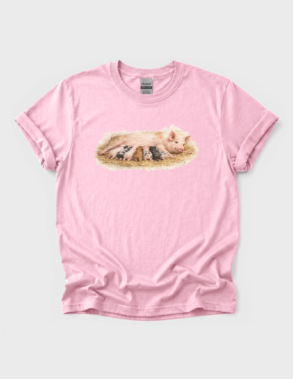 Mama Pig Piglets Graphic Tee T-shirt or Sweatshirt ADULT Unisex Hoodie / Crewneck Nature Watercolor Farm Animal Babies Drinking From Mom