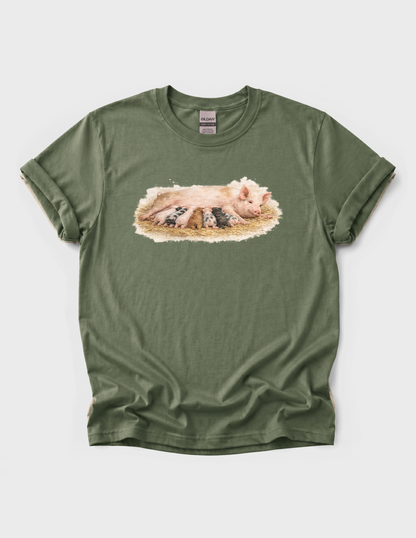 Mama Pig Piglets Graphic Tee T-shirt or Sweatshirt ADULT Unisex Hoodie / Crewneck Nature Watercolor Farm Animal Babies Drinking From Mom