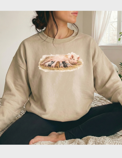 Mama Pig Piglets Graphic Tee T-shirt or Sweatshirt ADULT Unisex Hoodie / Crewneck Nature Watercolor Farm Animal Babies Drinking From Mom