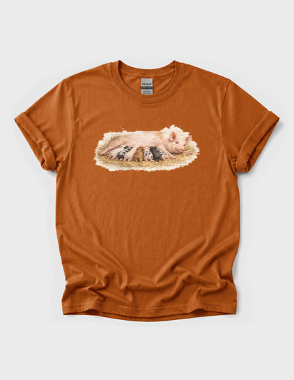 Mama Pig Piglets Graphic Tee T-shirt or Sweatshirt ADULT Unisex Hoodie / Crewneck Nature Watercolor Farm Animal Babies Drinking From Mom