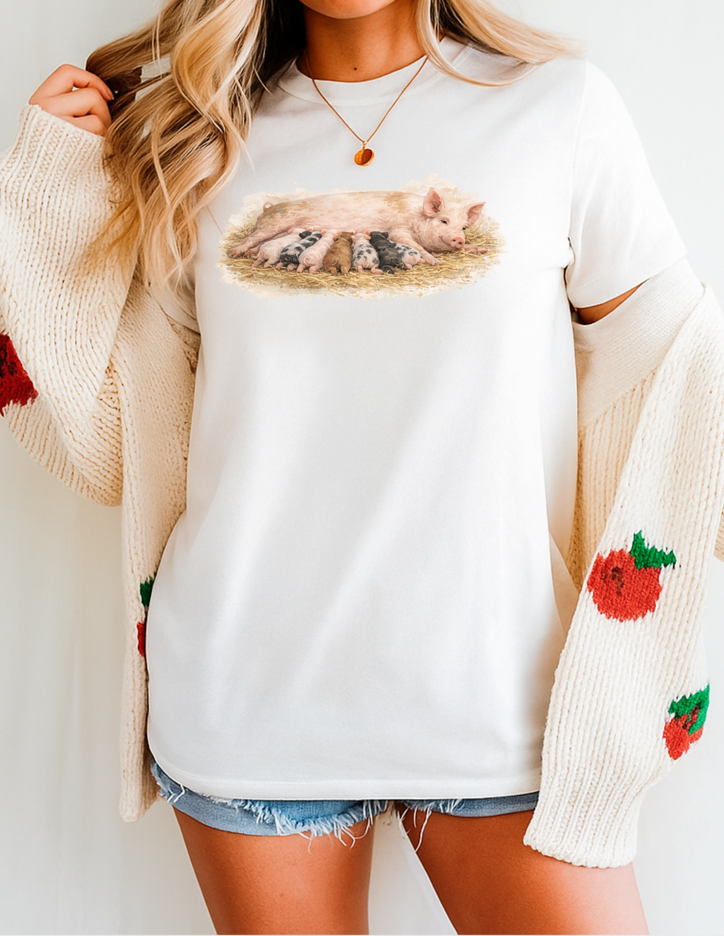 Mama Pig Piglets Graphic Tee T-shirt or Sweatshirt ADULT Unisex Hoodie / Crewneck Nature Watercolor Farm Animal Babies Drinking From Mom