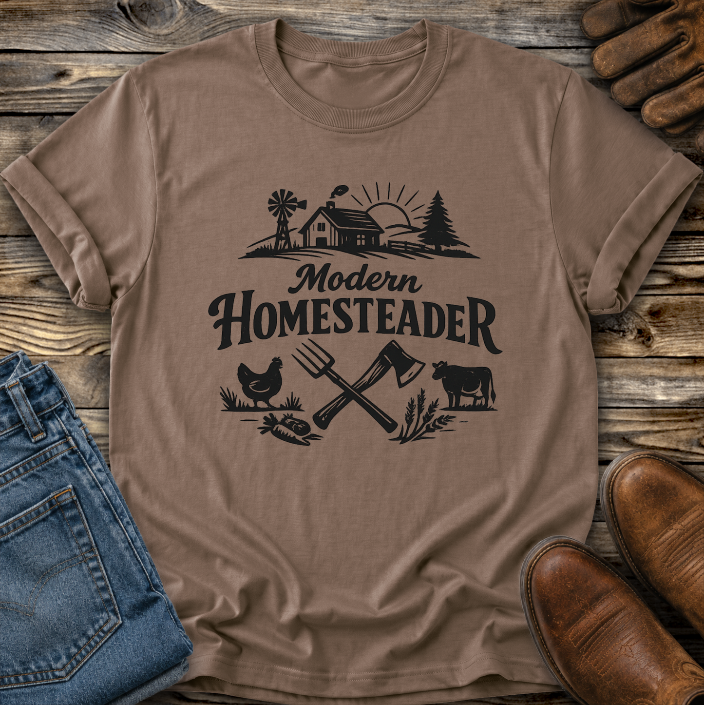 brown tshirt with farm graphic that says modern homesteader