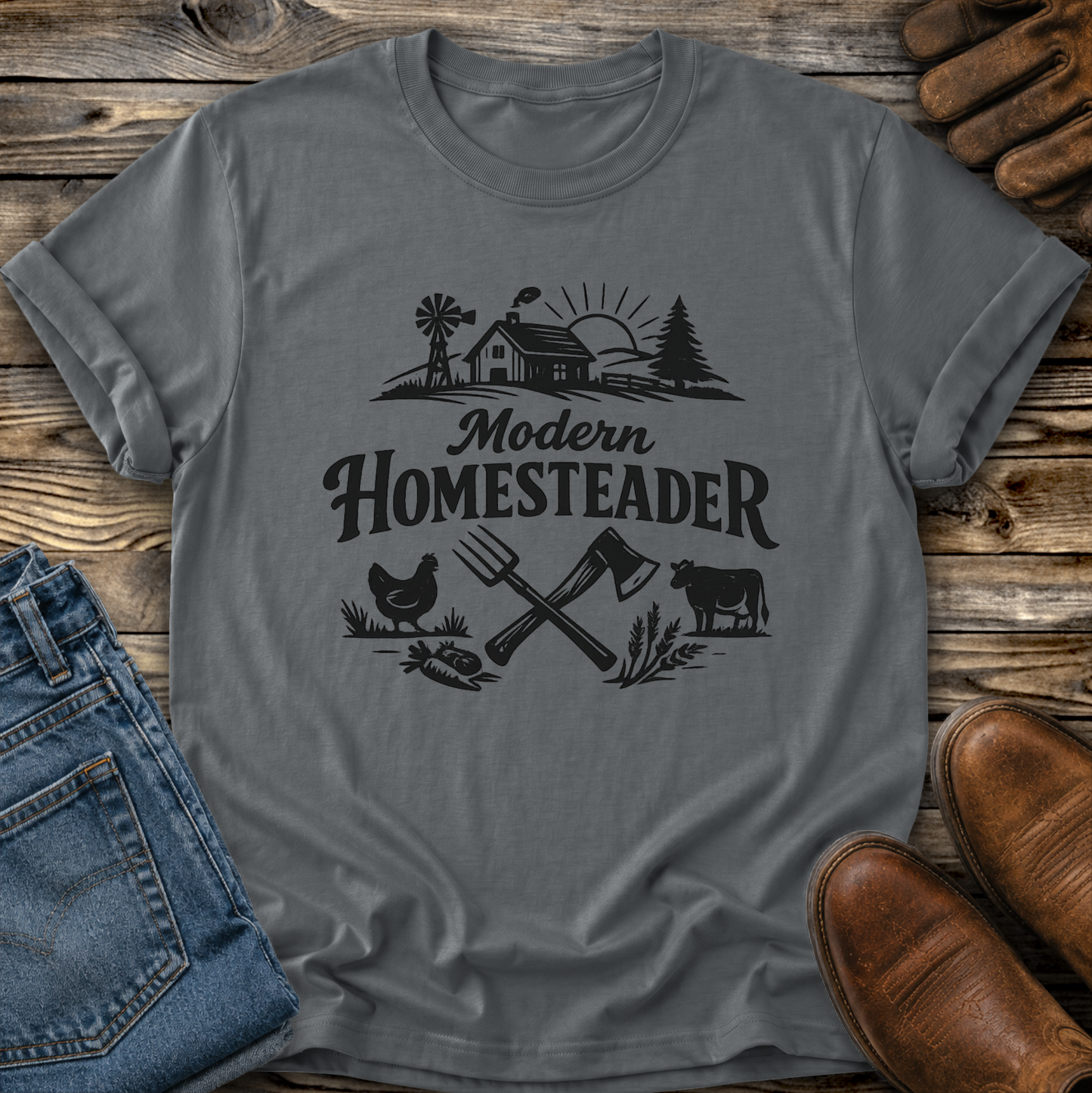 gray tshirt with farm graphic that says modern homesteader