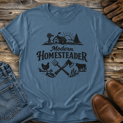 blue tshirt with farm graphic that says modern homesteader