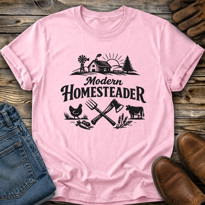 pink tshirt with farm graphic that says modern homesteader