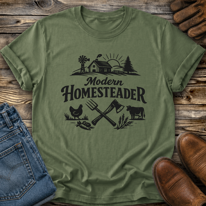 green tshirt with farm graphic that says modern homesteader