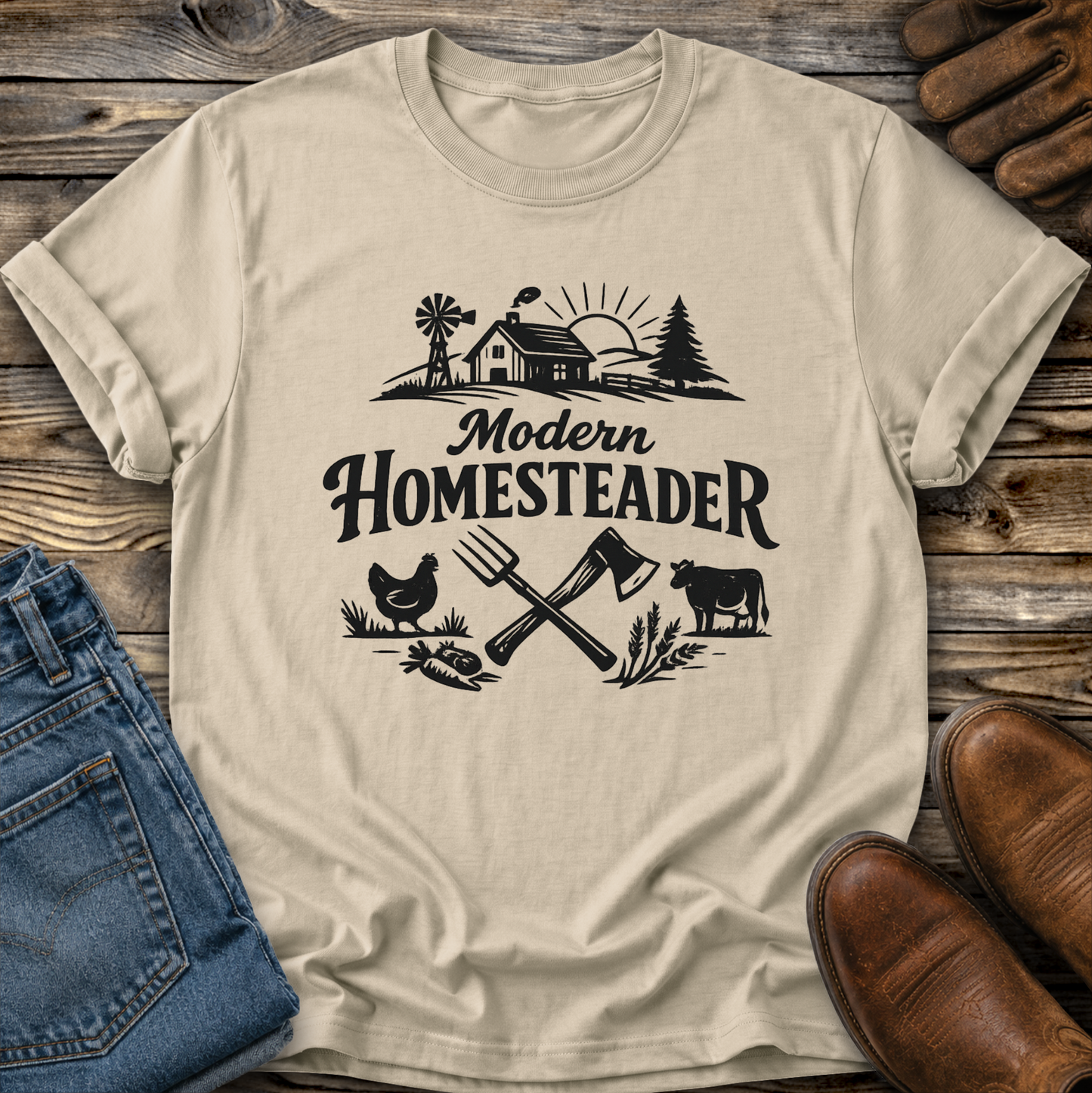 beige tshirt with farm graphic that says modern homesteader