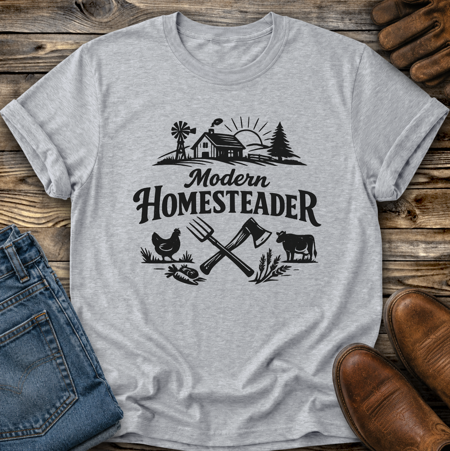 gray tshirt with farm graphic that says modern homesteader