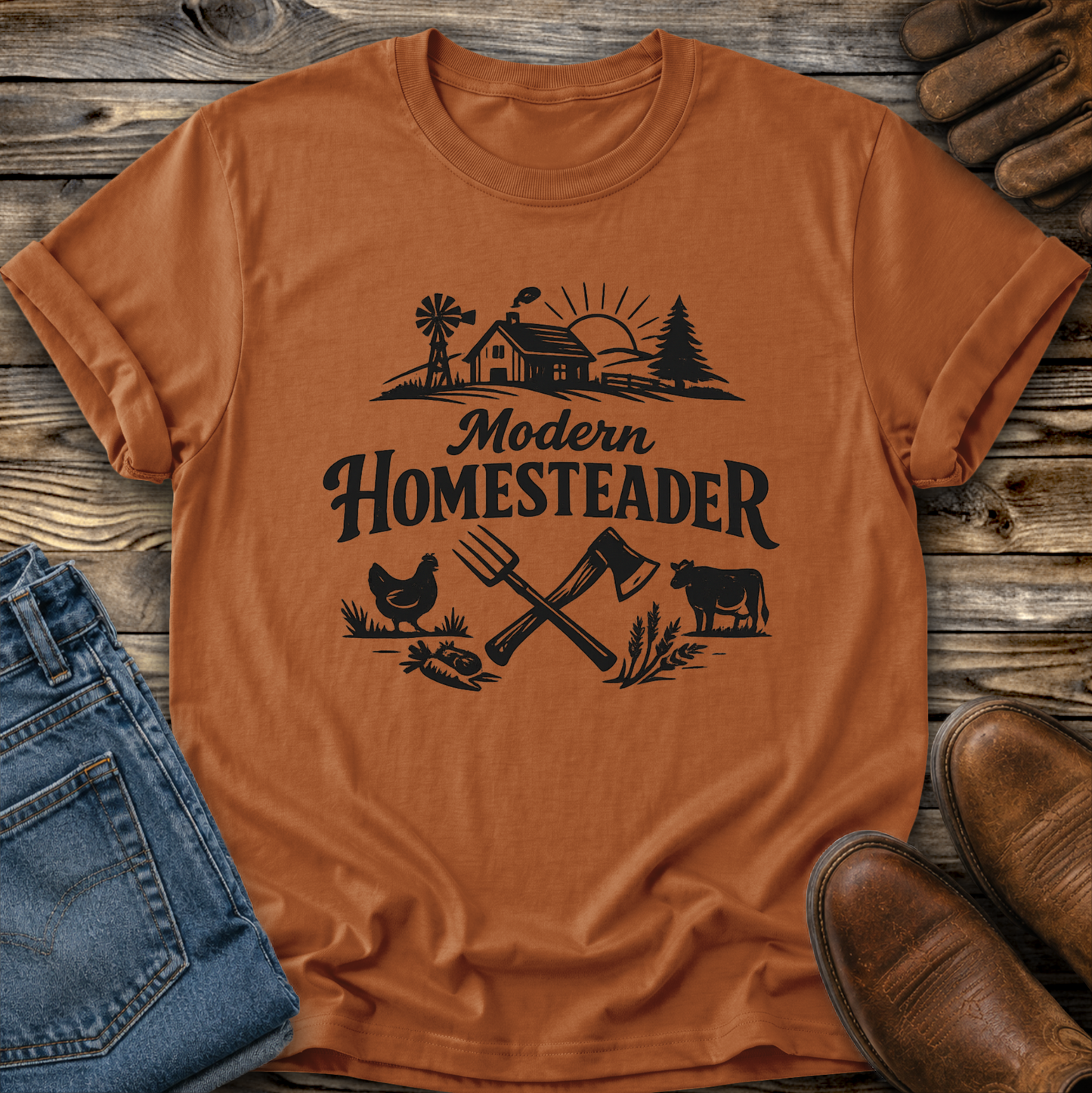 orange tshirt with farm graphic that says modern homesteader