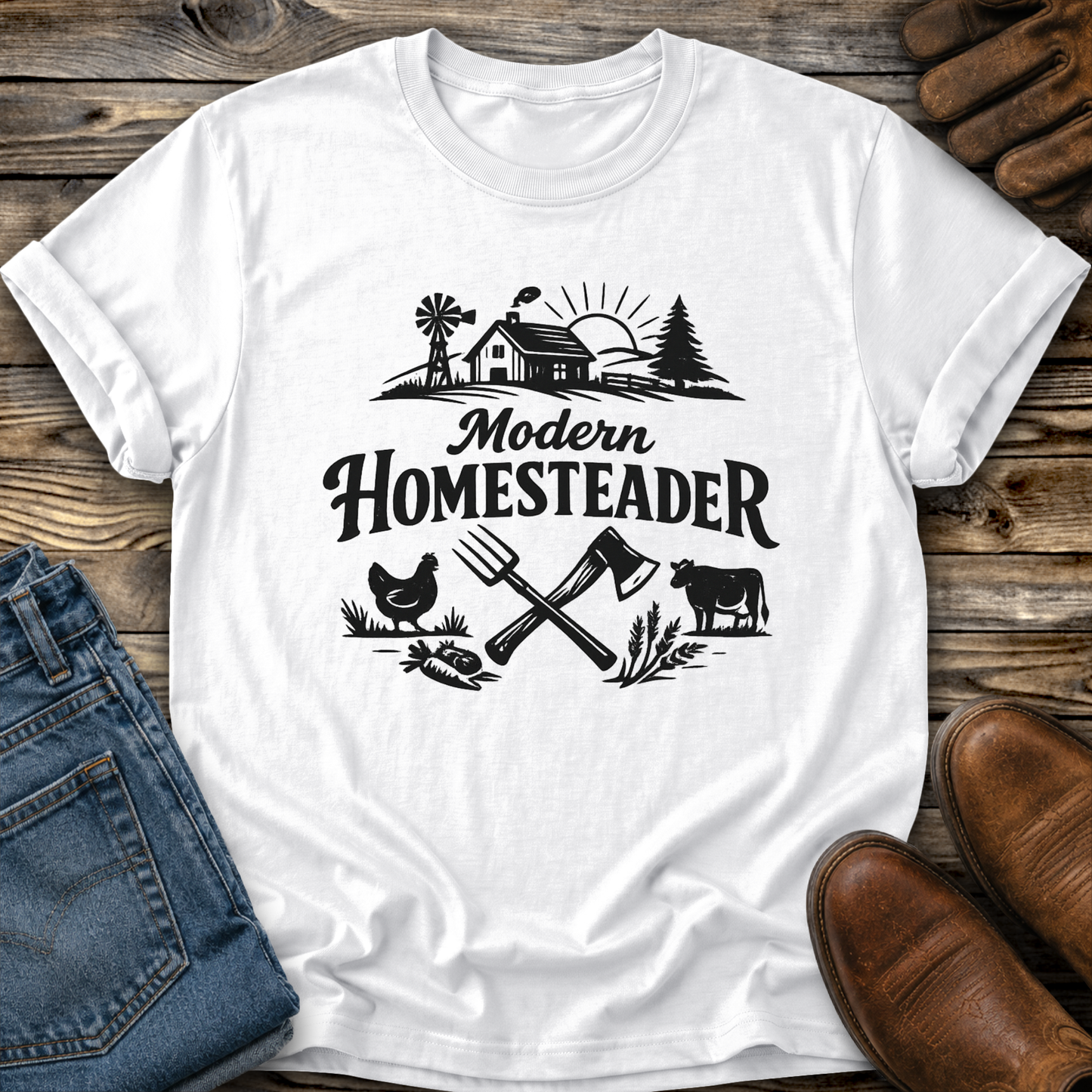white tshirt with farm graphic that says modern homesteader
