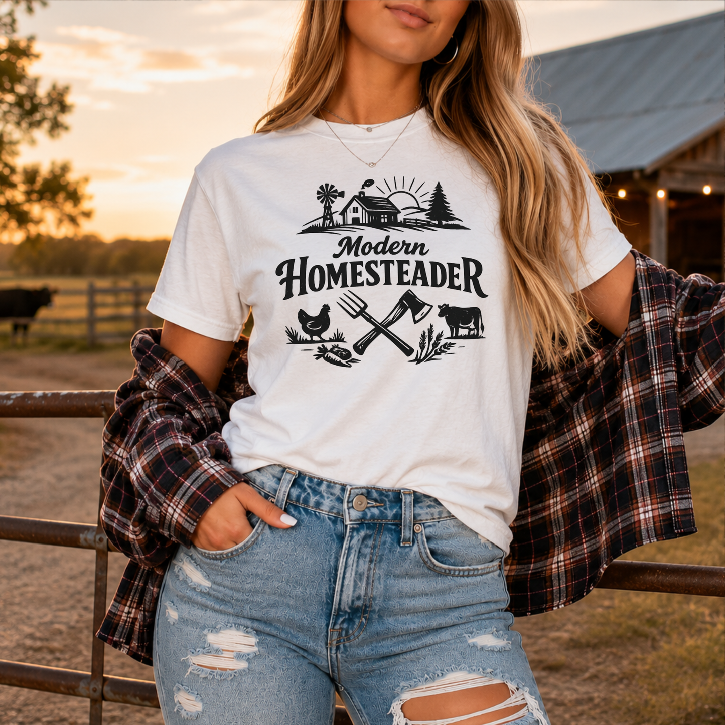 woman wearing a white tshirt with farm graphic that says modern homesteader