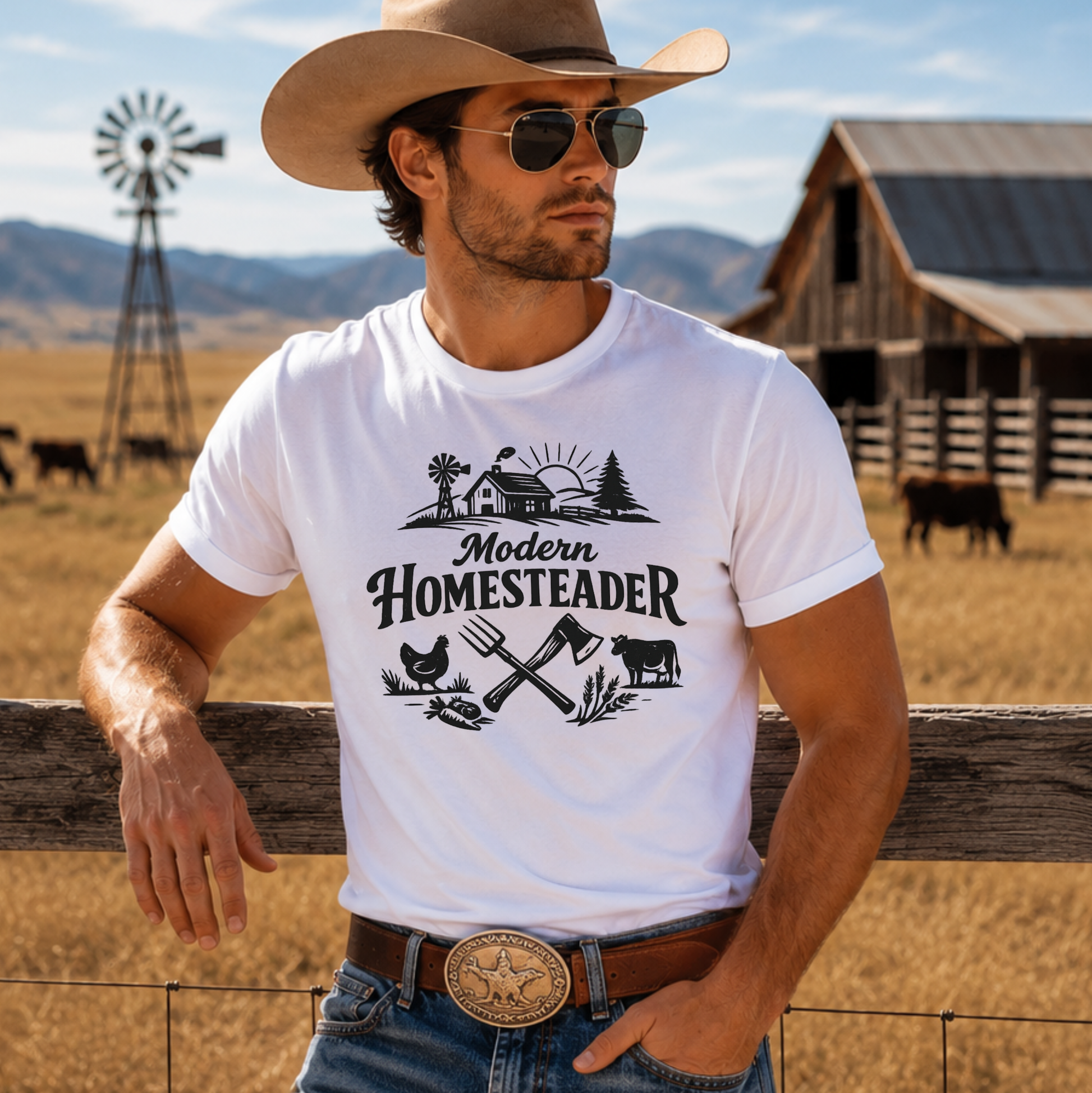 man wearing a white tshirt with farm graphic that says modern homesteader