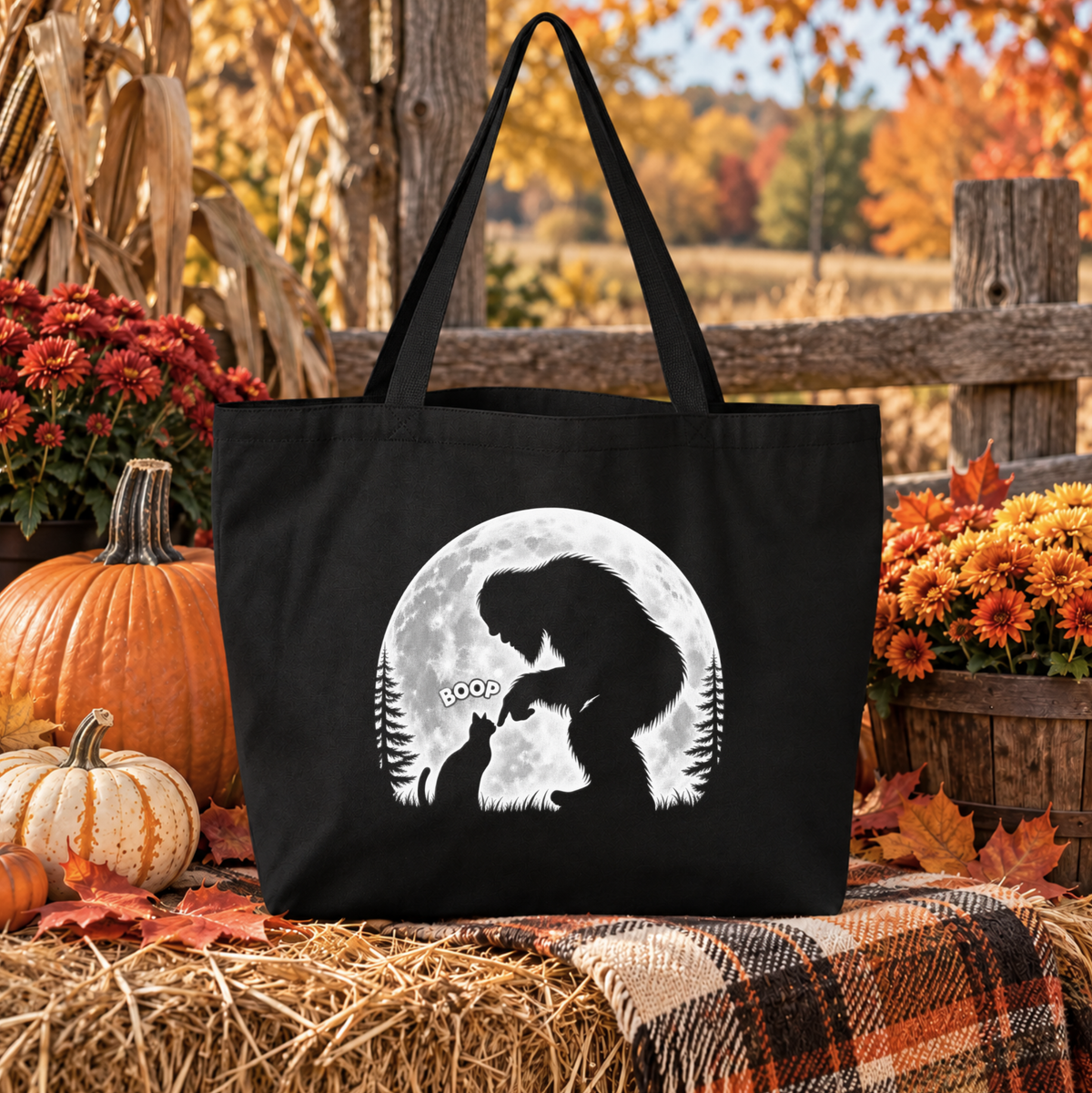 A black canvas tote bag with a white graphic of bigfoot and cat silhouette in front of a full moon, surrounded by autumn decorations including pumpkins, flowers, and a plaid blanket.