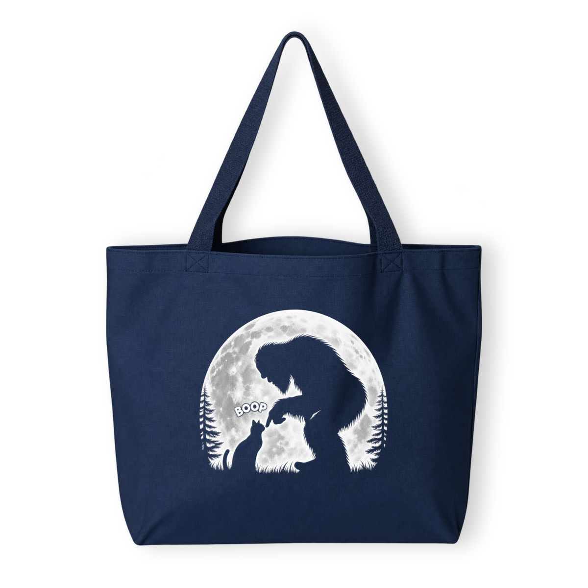 A navy blue canvas tote bag with dual shoulder straps, featuring a white graphic print of bigfoot and a cat silhouette in front of a full moon on the front, set against a plain white background.