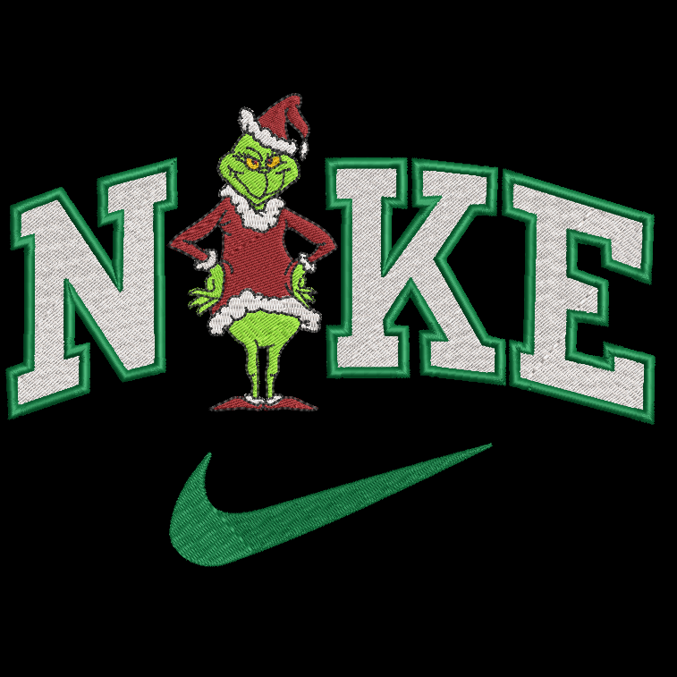 Nike logo with a character from 'The Grinch' replacing the 'O'.
