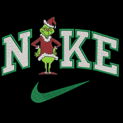 Nike logo with a character from 'The Grinch' replacing the 'O'.