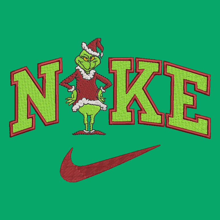 Nike logo with a character from 'The Grinch' on a green background