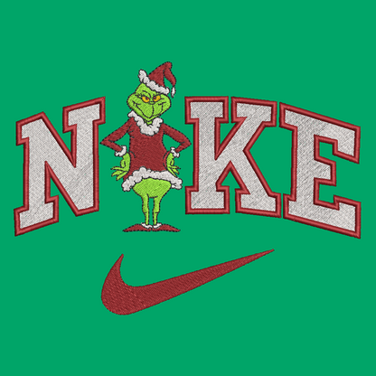 Embroidered design of a character from 'How the Grinch Stole Christmas' on a Nike logo with a green background.