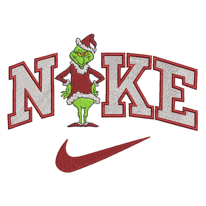 Nike logo with a character from 'The Grinch' replacing the 'O'.