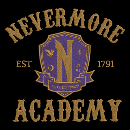 Embroidered-style graphic reading 'NEVERMORE ACADEMY' with a central purple and gold crest featuring a large letter N, stars, and the text 'EST 1791' on a black background.