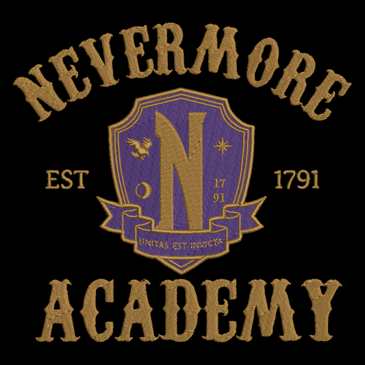 Embroidered-style graphic reading 'NEVERMORE ACADEMY' with a central purple and gold crest featuring a large letter N, stars, and the text 'EST 1791' on a black background.