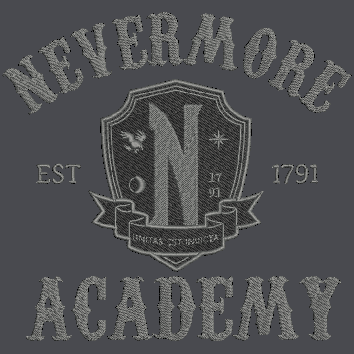 A dark gray embroidered-style graphic reading 'NEVERMORE ACADEMY' with a central crest, large letter N, 'EST 1791', and decorative text on a matching dark gray background.