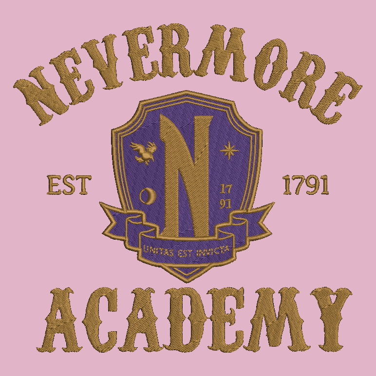 A graphic design featuring a purple and gold embroidered-style crest with the letter N, surrounded by the words NEVERMORE at the top and ACADEMY at the bottom, with EST 1791 on either side, on a solid pink background.