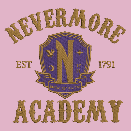A graphic design featuring a purple and gold embroidered-style crest with the letter N, surrounded by the words NEVERMORE at the top and ACADEMY at the bottom, with EST 1791 on either side, on a solid pink background.