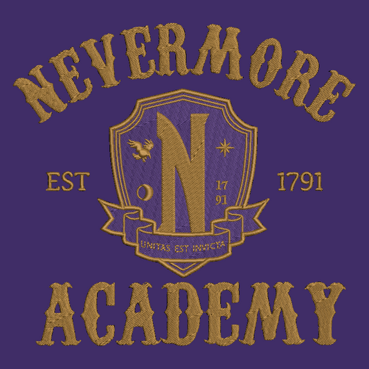 A purple graphic design featuring gold embroidered-style text reading 'NEVERMORE ACADEMY' with a central crest and the words 'EST 1791' and 'LIMITAS EST MEQUINA'.