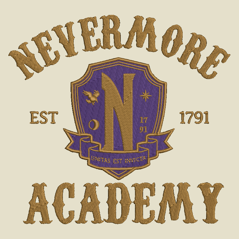 Embroidered-style graphic reading 'NEVERMORE ACADEMY' with a central purple and gold crest featuring a large letter N, stars, and the text 'EST 1791' and 'LIMITAS EST MECCATA' on a light beige background.
