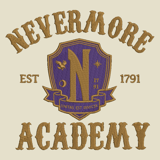 Embroidered-style graphic reading 'NEVERMORE ACADEMY' with a central purple and gold crest featuring a large letter N, stars, and the text 'EST 1791' and 'LIMITAS EST MECCATA' on a light beige background.