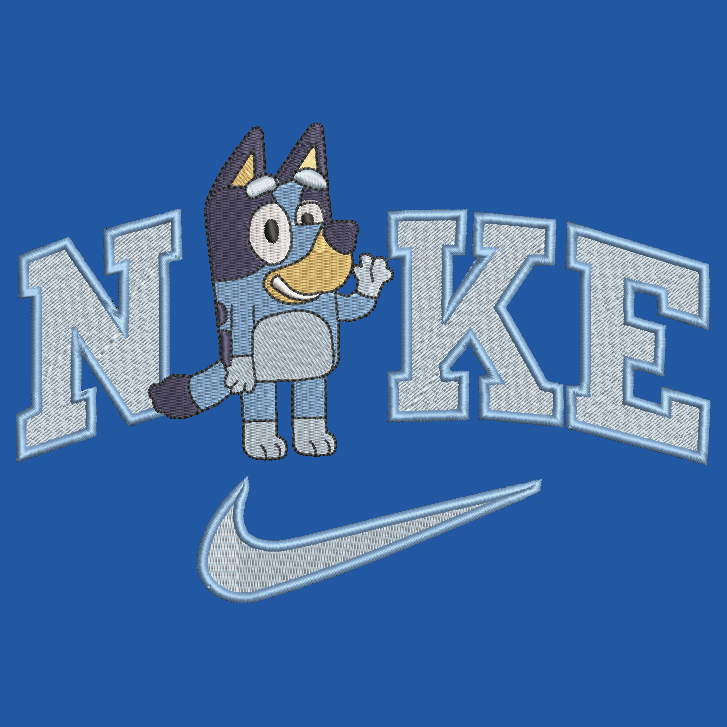Cartoon character in blue attire with 'Nike' text and logo on a blue background