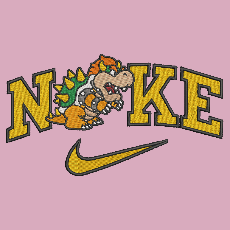 pink background with embroidered design of bowser from mario bros in between the nike letters logo
