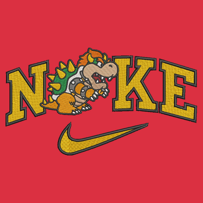 red background with embroidered design of bowser from mario bros in between the nike letters logo