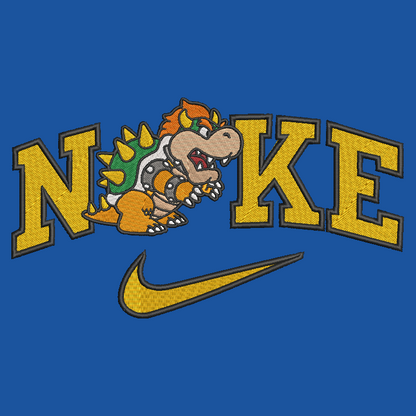 blue background with embroidered design of bowser from mario bros in between the nike letters logo